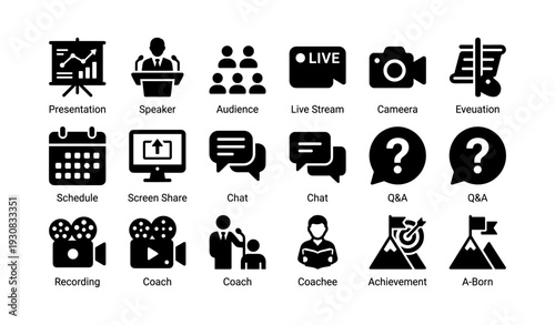 Business presentation icons: speaker, audience, live stream, camera, evaluation