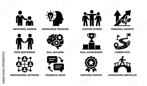Icons representing mentorship, growth, and career development