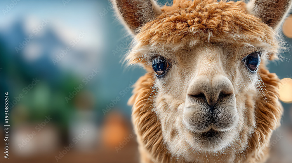 Fototapeta premium This adorable alpaca features a fluffy coat and captivating eyes, perfect for showcasing the charm of farm animals in photography.