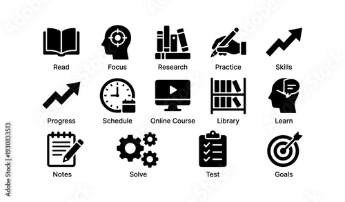 Icons for education and personal development: skills, learning, progress, goals, solutions