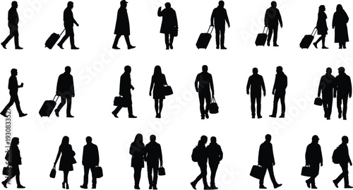 Travel people silhouettes collection, men and women walking with luggage, business and leisure travelers, airport commute scenes, black vector illustration