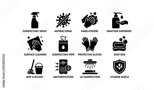 Disinfectant spray, antibacterial practices, hand hygiene icons illustrating soap and sanitization