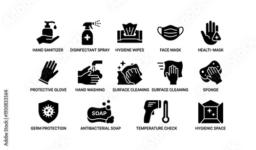 Hygiene icons: sanitizer, mask, gloves, cleaning, protection, soap, temperature check