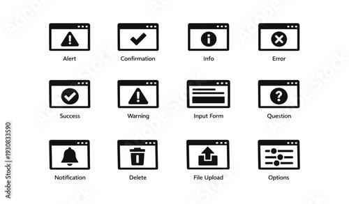 Web interface icons set: alert, confirmation, info, error, success, warning, input form, question, notification, delete, upload, options