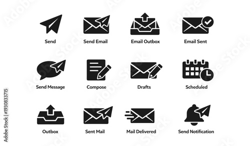 Email icon set: send, compose, drafts, scheduled, notification, outbox, delivered