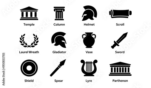 Ancient greek symbols: temple, helmet, scroll, vase, sword, lyre