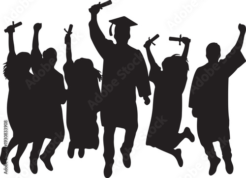 Silhouettes of happy graduates jumping in air celebrating success and academic achievement