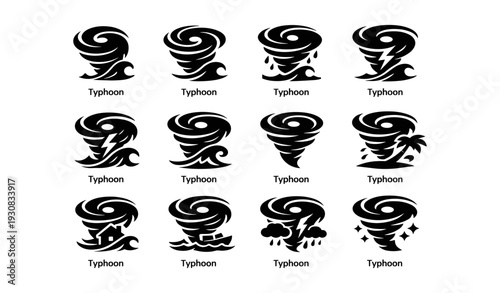 Tornado and typhoon icon set illustrating storm variations and effects