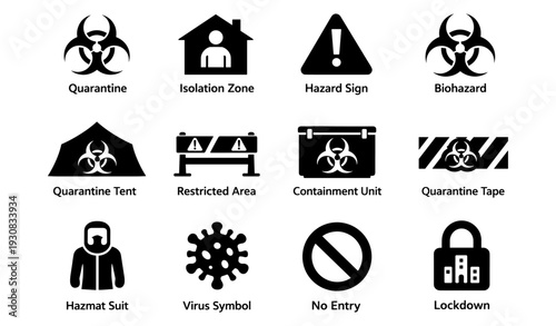 Quarantine and hazard icons: biohazard, isolation, lockdown, no entry, virus symbol