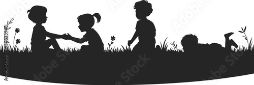 Silhouette of four children playing and lying down in a grassy field with flowers and plants against a white background, representing childhood joy