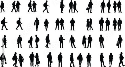 Walking people silhouettes collection, men and women pedestrians in urban scenes, casual and business poses, crowd movement concept, black vector illustration