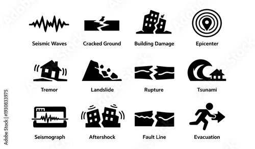Earthquake icons: seismic waves, cracked ground, building damage, epicenter, evacuation