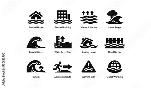 Flood disaster icons: buildings, waves, tsunami, and warning signs