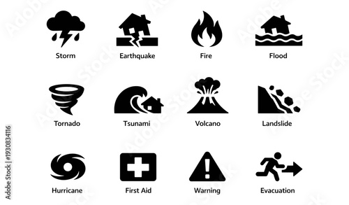 Disaster preparedness icons: storm, earthquake, fire, flood, and emergency symbols