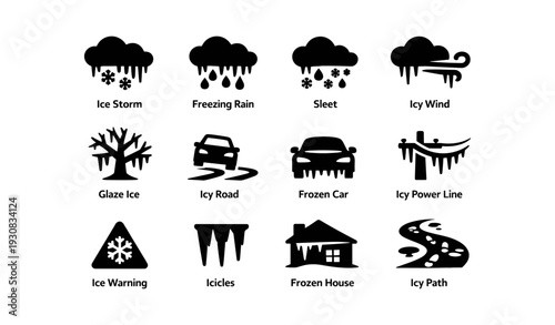Weather icons illustrating various winter conditions and hazards