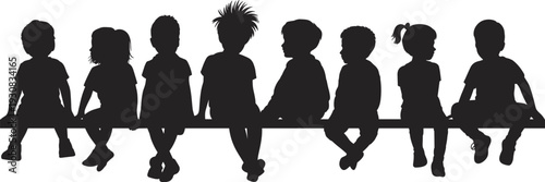 Silhouette of eight diverse children sitting in a row on a white background representing unity and childhood community