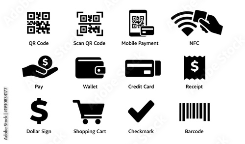 Payment and e-commerce icons: qr code, credit card, nfc, wallet, shopping cart