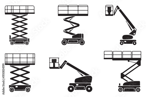 Construction and Maintenance Aerial Lifts Silhouette Icons. Scissor and Boom Lift Vector Pack.