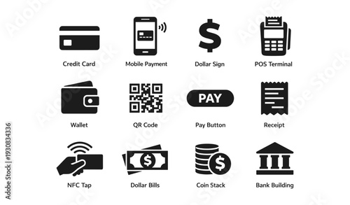 Digital payment icons: credit card, mobile payment, qr code, dollar sign