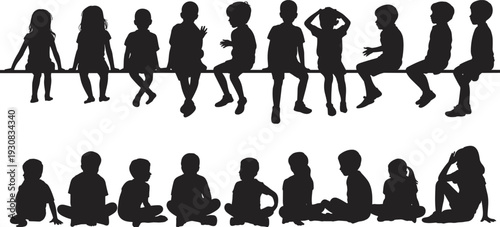 Silhouettes of children sitting and playing on a white background, depicting childhood innocence and diverse poses