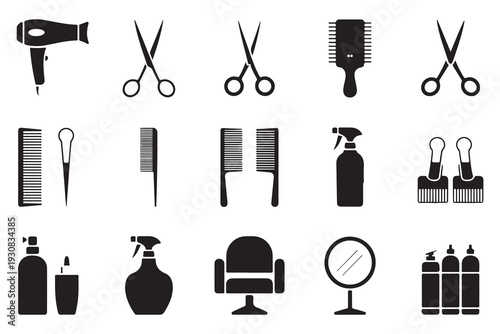 Beauty Salon and Hairdresser Equipment Icons - Black Silhouette Vector