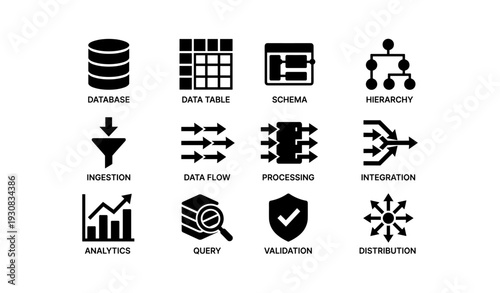 Database icons: data flow, schema, integration, analytics, validation