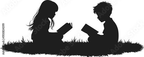 Silhouette of two children reading books sitting in the grass on a white background symbolizing education and imagination