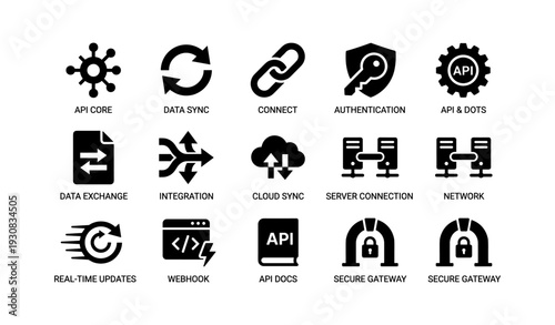 Black icons of api core, data sync, connect, authentication, network, cloud sync, secure gateway