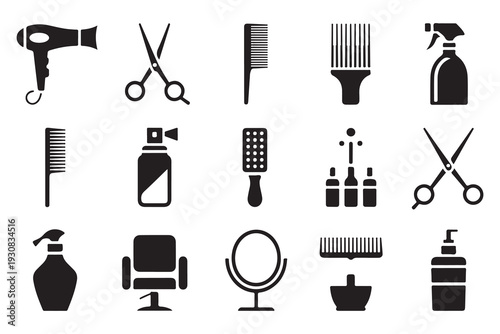 Hair Styling and Barber Shop Icon Set - Black Silhouette Graphics
