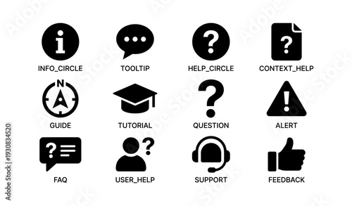 Information icons collection: help, context, support, feedback symbols