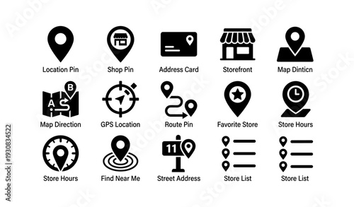 Location icons: pins, directions, storefronts, gps, addresses, hours