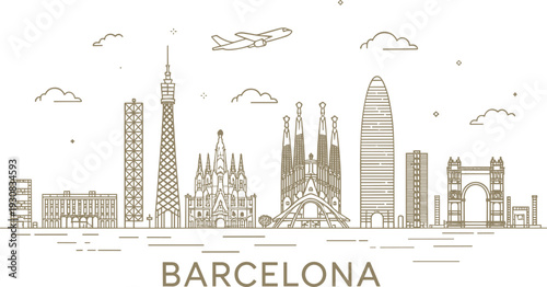 Stylized line of the Barcelona skyline featuring iconic landmarks like Sagrada Familia and Arc de Triomf with an airplane overhead