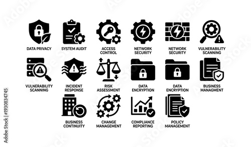 Cybersecurity icons set illustrating data protection and risk management