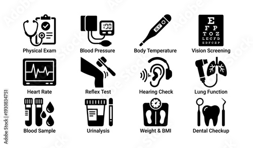 Healthcare icons: physical exam, blood pressure, vision screening, reflex test, dental checkup