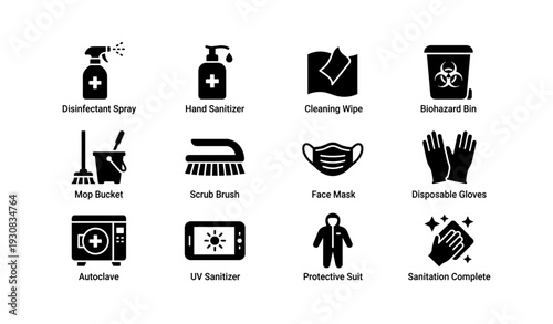 Essential sanitation icons: spray, sanitizer, wipe, biohazard bin, mask, gloves