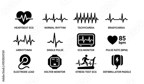 Heartbeat ecg icons: monitoring, tachycardia, bradycardia, arrhythmia, and heart health symbols