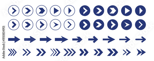 Collection of dark blue arrow icons and symbols isolated on transparent background