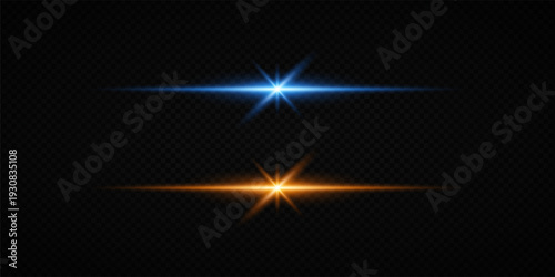 Colorful Star Light Effect Collection with Blue, Golden, and Yellow Glowing Starlight Sparkle Rays and Lens Flare Illumination on Transparent Background