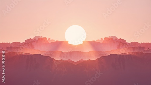 Sun Rises Over Distant Mountains During Dawn With Soft Light and Clear Sky in...