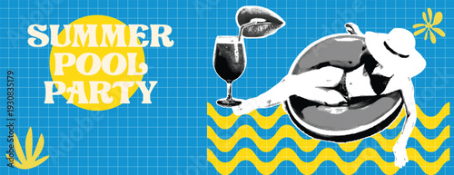 Retro vintage pop art comic style halftone collage summer holiday vacation banner Summer pool party banner with woman in float, cocktail, and abstract shapes