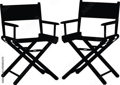 Two black silhouette director chairs facing each other on a white background symbolizing filmmaking and creative collaboration