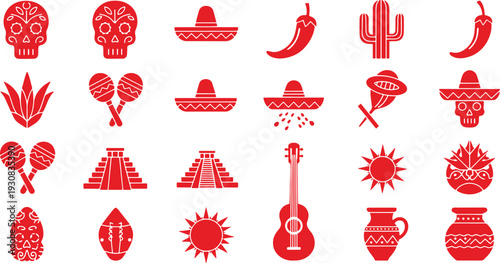 Mexican Culture Red Icon Set Vector – Cinco de Mayo, Day of the Dead, Sombrero, Skull, Cactus, Chili, Guitar, Pyramid Flat Silhouette Collection