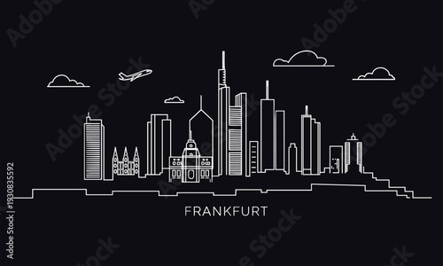 White line silhouette of the Frankfurt skyline at night with an airplane and clouds, showcasing modern architecture and urban landscape