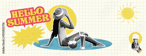 Retro vintage pop art comic style halftone collage summer holiday vacation banner Hello summer collage with woman sunbathing, ice cream and tropical drinks on grid