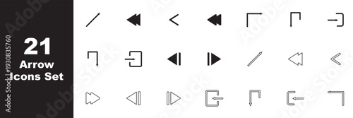 21 Minimal Corner and Return Arrow Icons Vector Set. Minimalist right arrow icon set in solid black and outline circle, clean flat vector style. Directional Arrow Symbols UI Pack. 