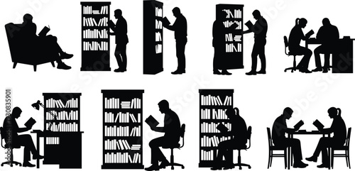 Black and white silhouette collection of people reading books in a library, sitting at desks, and browsing bookshelves isolated vector.