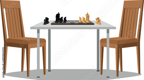 Chess board with pieces on a white table between two wooden chairs in flat style