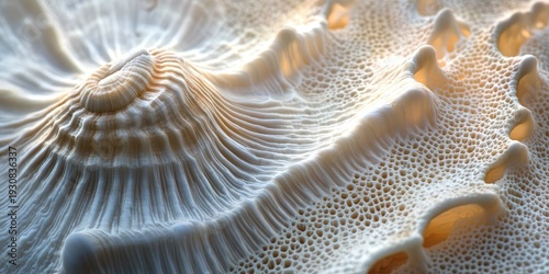 A close-up view captures the intricate texture of a seashell, showcasing its unique patterns and smooth surface. Natural light enhances the serene beauty of this marine specimen.
