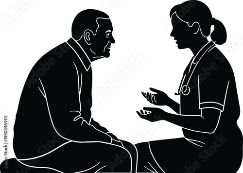 Doctor consulting patient medical examination healthcare communication diagnosis treatment discussion silhouette illustration isolated on white background professional medical care concept
