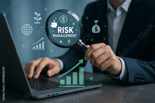 Professional risk management business evaluation concept with magnifying glass identifying financial risks growth performance and investment planning